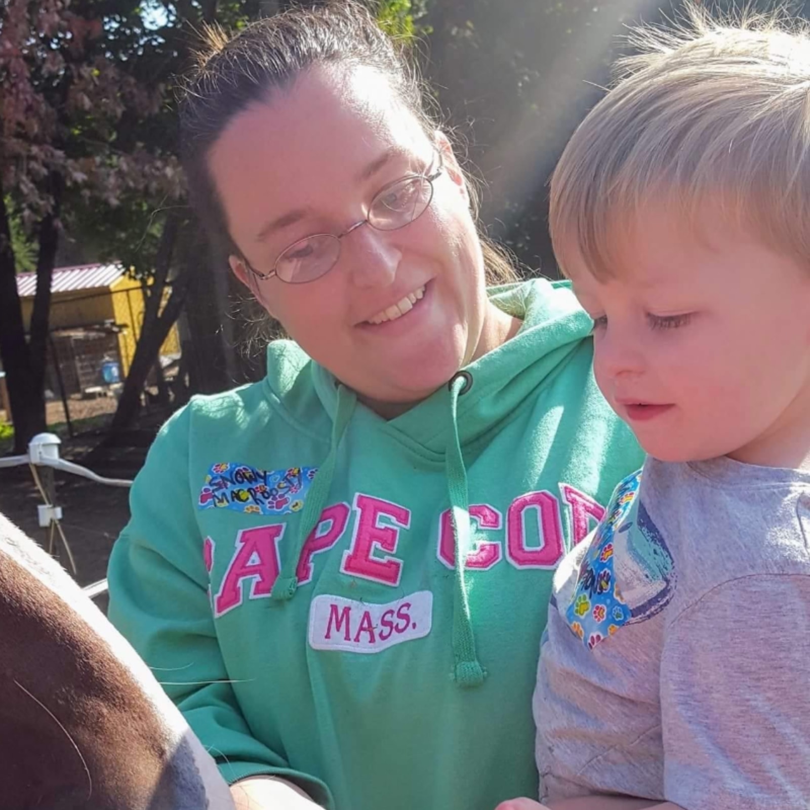 Sarah is petting a horse with a young boy.